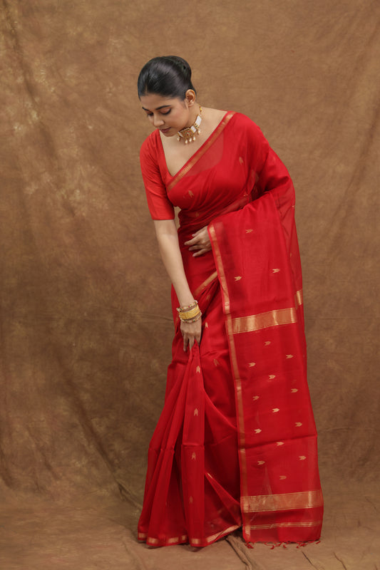 Crimson Red Maheshwari SICO Saree with Gold Woven Border & Elegant Pallu
