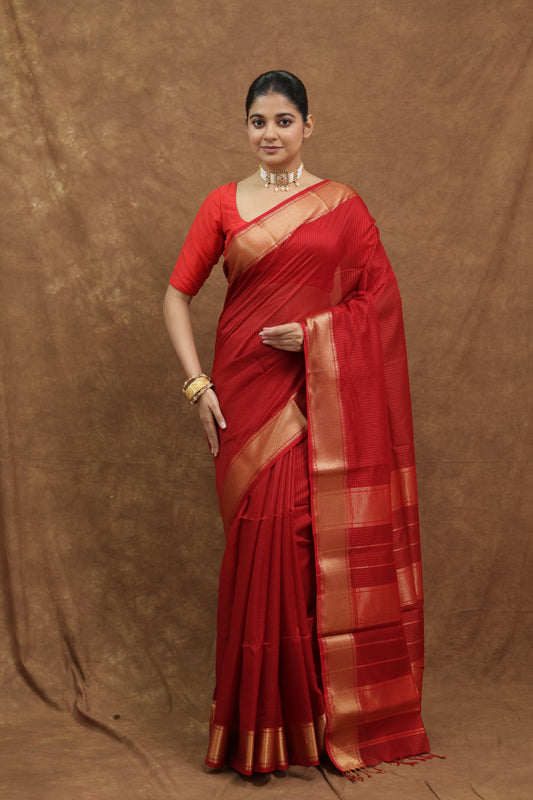 Ruby Red Maheshwari SICO Saree with Gold Woven Border & Striped Pallu