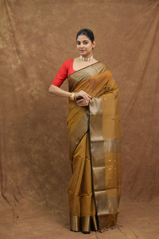 Antique Gold Maheshwari Tissue Saree with Silver Woven Border & Elegant Pallu