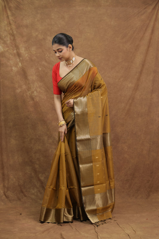 Antique Gold Maheshwari Tissue Saree with Silver Woven Border & Elegant Pallu
