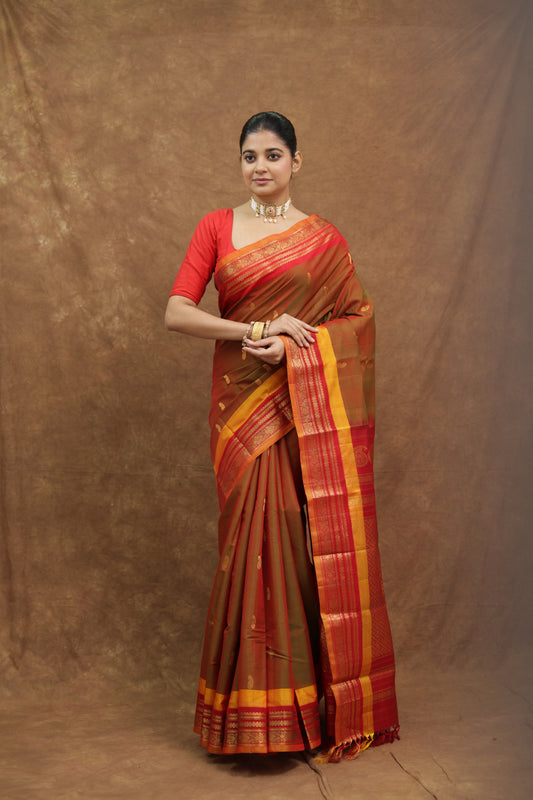 Copper Brown Gadwal SICO Saree with Crimson Red Woven Border & Rich Pallu