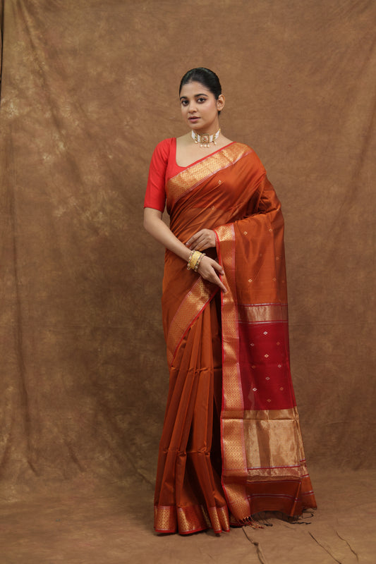 Rust Maheshwari SICO Saree with Crimson Red Woven Pallu & Gold Border