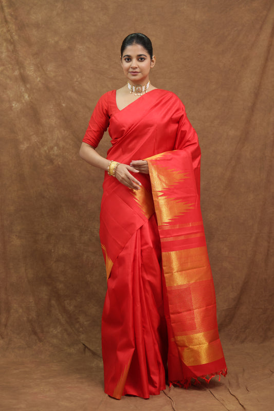 Crimson Red Kanjeewaram Silk Saree with Gold Woven Pallu & Border