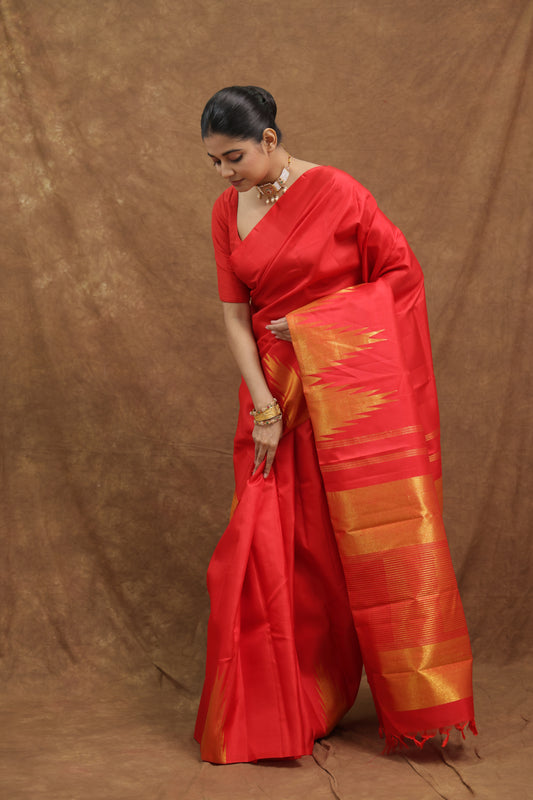 Crimson Red Kanjeewaram Silk Saree with Gold Woven Pallu & Border
