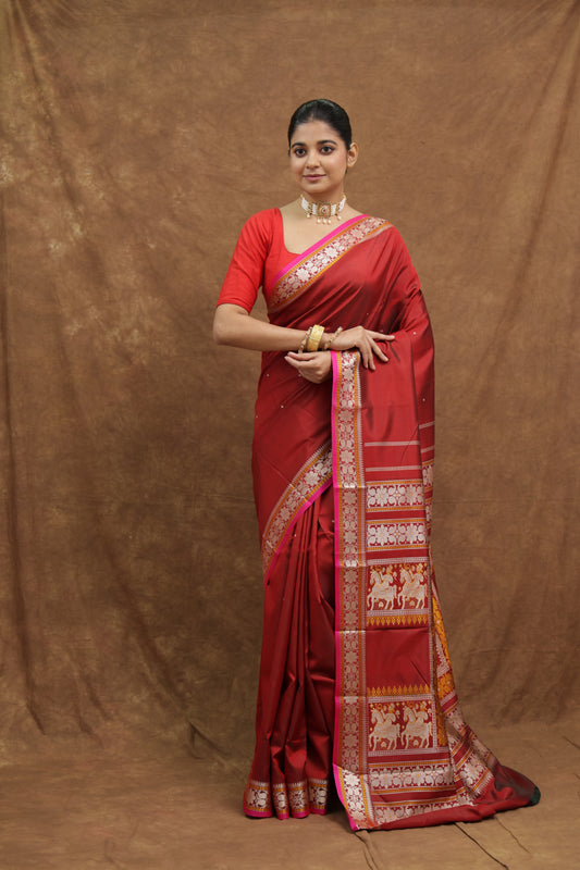 Deep Maroon Kanjeewaram Silk Saree with Heritage Woven Pallu & Ornate Border