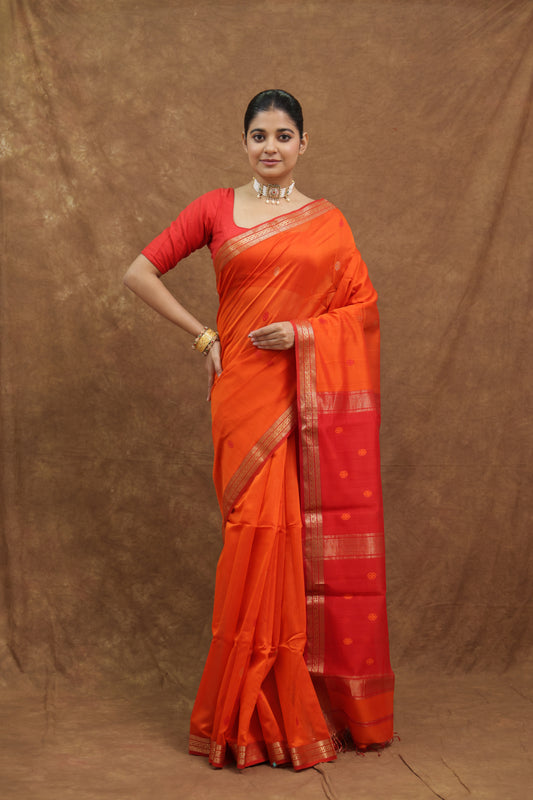 Vibrant Orange Maheshwari Cotton Saree with Crimson Red Woven Pallu & Border