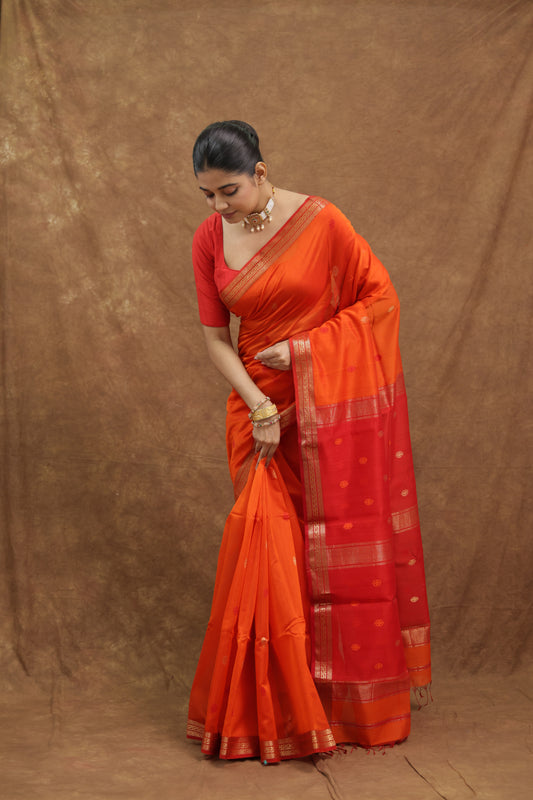 Vibrant Orange Maheshwari Cotton Saree with Crimson Red Woven Pallu & Border
