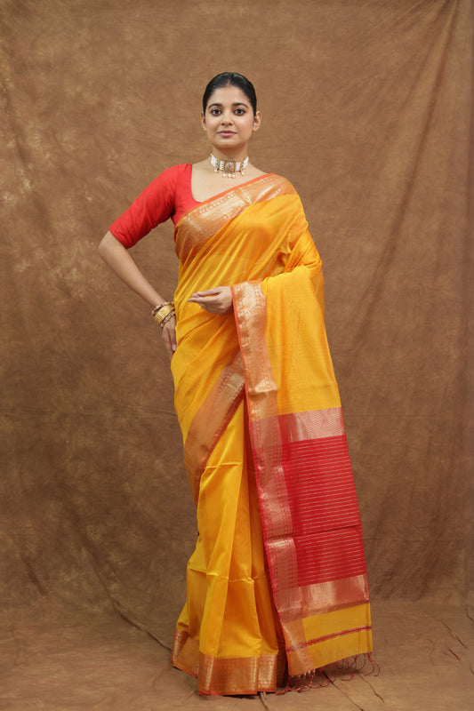 Mustard Yellow Kanchipuram SICO Saree with Crimson Red Woven Pallu & Border