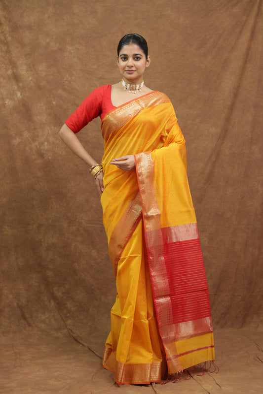Mustard Yellow Kanchipuram SICO Saree with Crimson Red Woven Pallu & Border