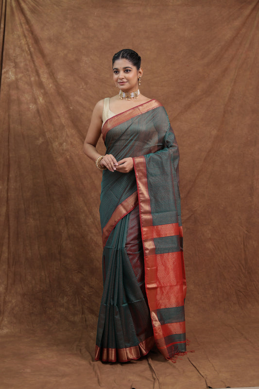 Charcoal Grey & Red Maheshwari SICO Saree