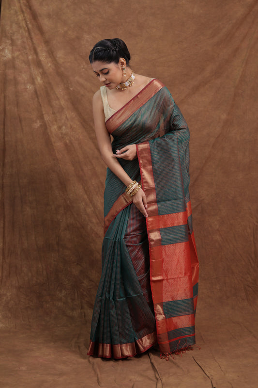 Charcoal Grey & Red Maheshwari SICO Saree