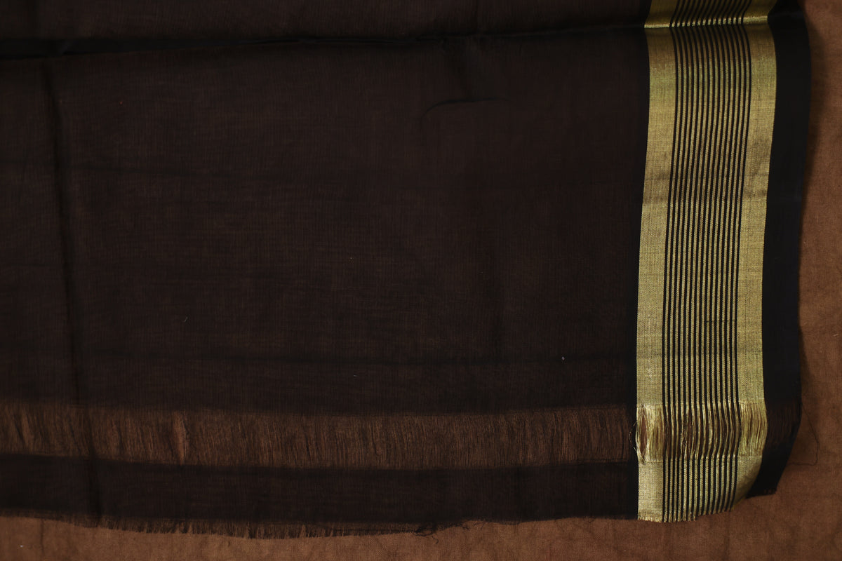 Elegant black Kanchipuram cotton sari with olive green border, traditional Joyee Kolkata saree for festive occasions.