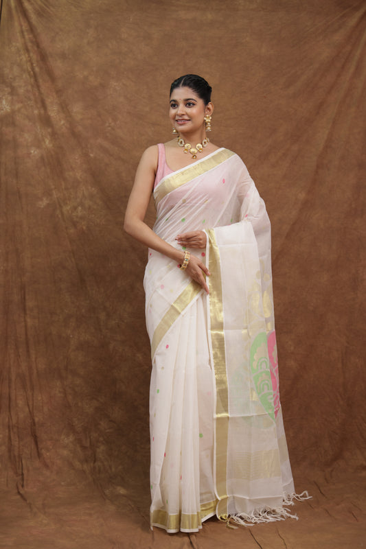Ivory white Venkatgiri silk saree with pastel woven border, traditional Indian sari from Joyee Kolkata, elegant and finely crafted.