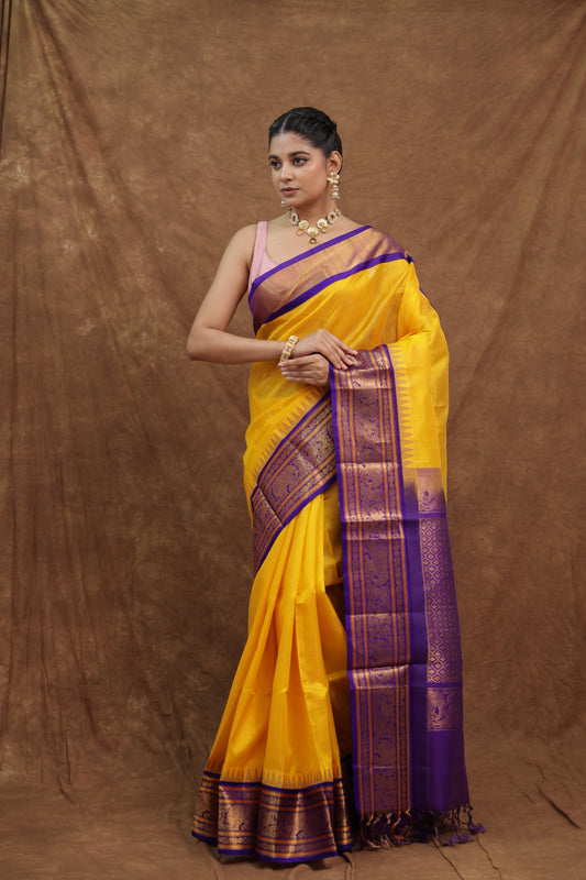 Yellow Kanchipuram SICO Saree with Purple Border
