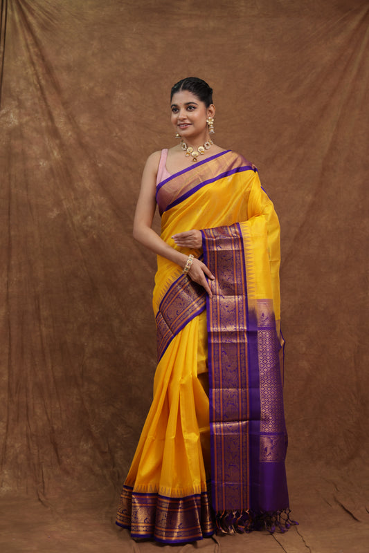 Yellow Kanchipuram SICO Saree with Purple Border
