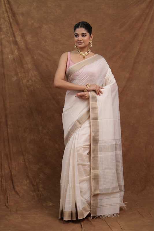 Ivory Maheshwari SICO Saree with Subtle Pink Border