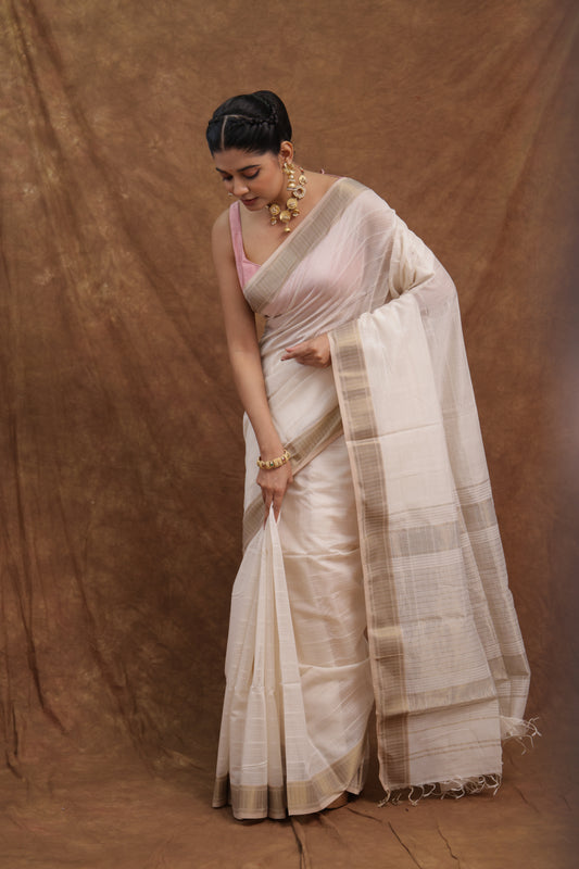 Ivory Maheshwari SICO Saree with Subtle Pink Border