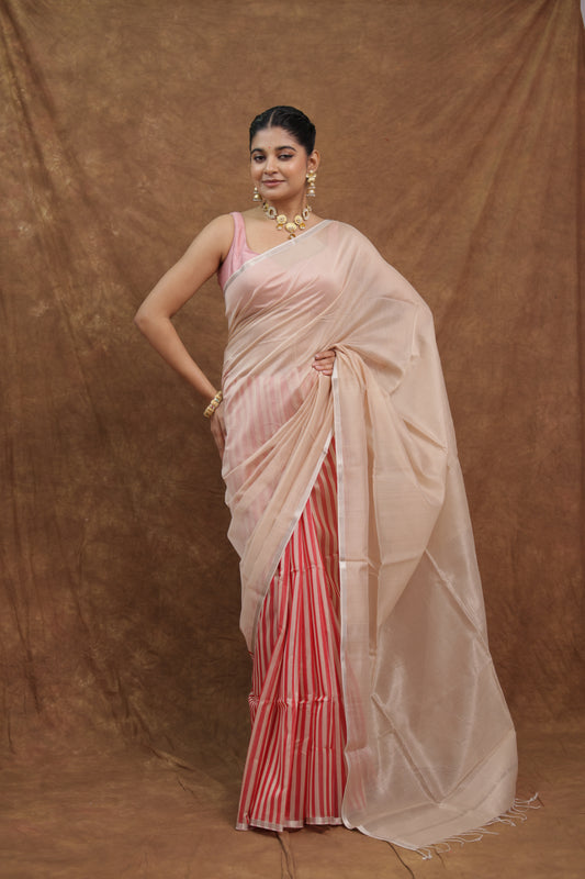 Soft Blush Pink Maheshwari SICO Saree with Striped Pallu