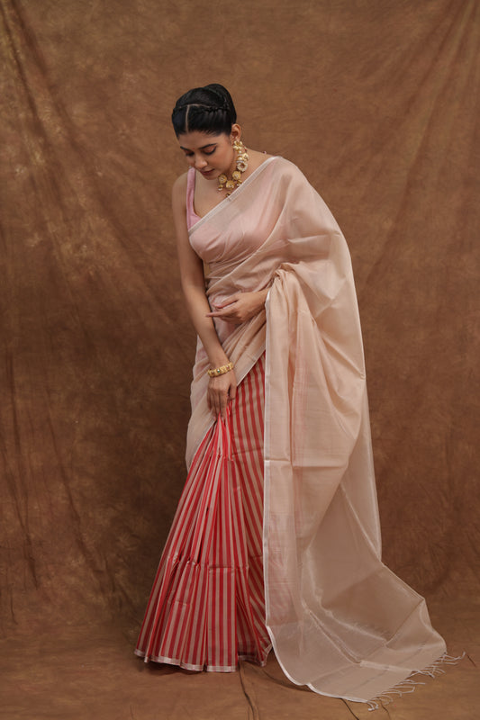 Soft Blush Pink Maheshwari SICO Saree with Striped Pallu