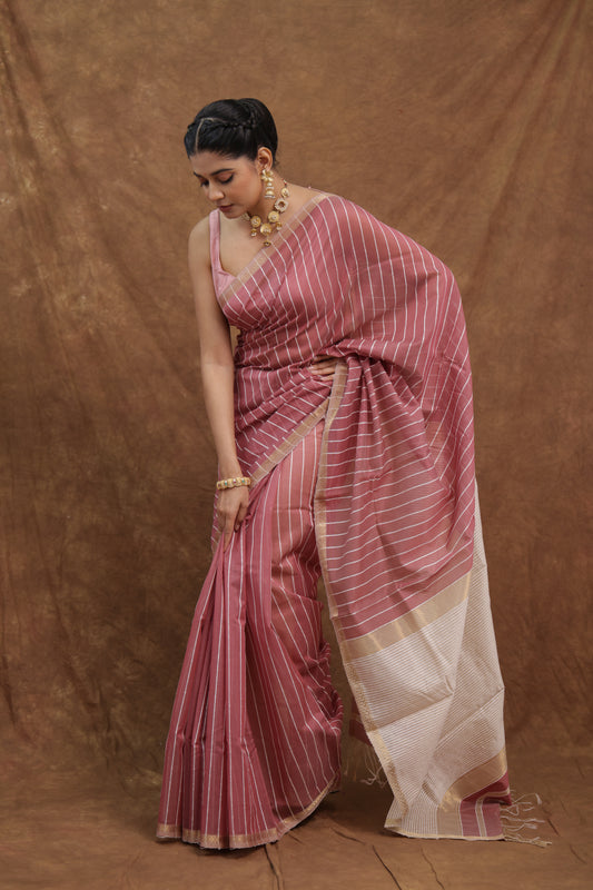 Dusty Rose Maheshwari SICO Saree with Ivory Pallu