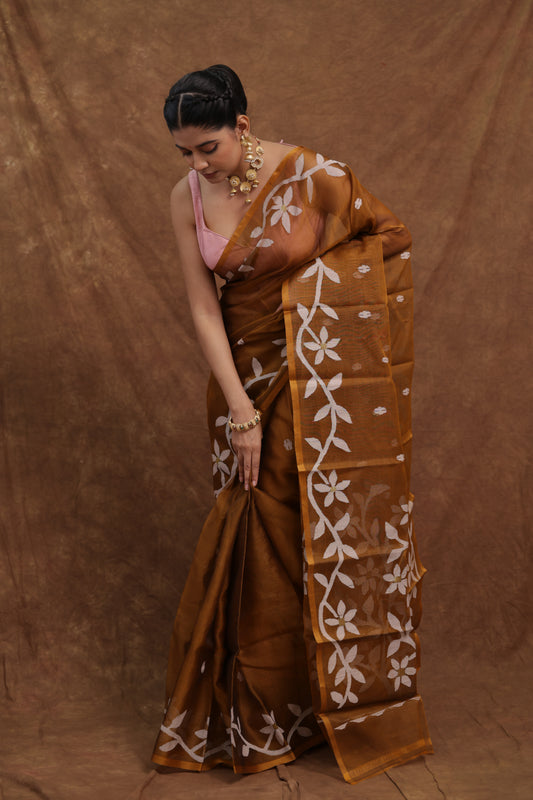 Rust Brown Bishnupur Cotton Saree with Ivory Floral Detailing