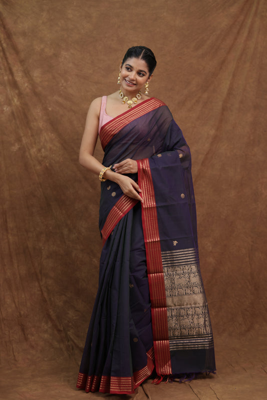 Midnight Blue Kanchipuram Cotton Saree with Red Woven Border