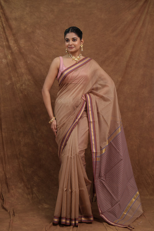 Mocha Brown Maheshwari SICO Saree with Mauve Pallu