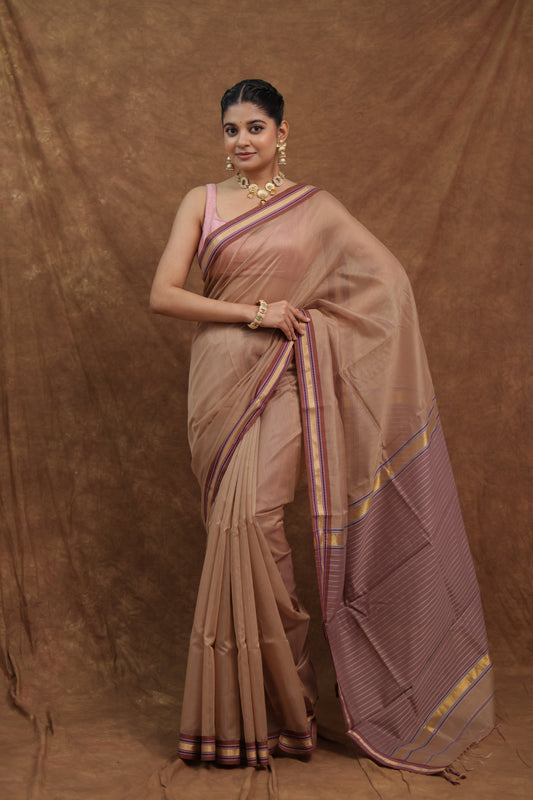 Mocha Brown Maheshwari SICO Saree with Mauve Pallu