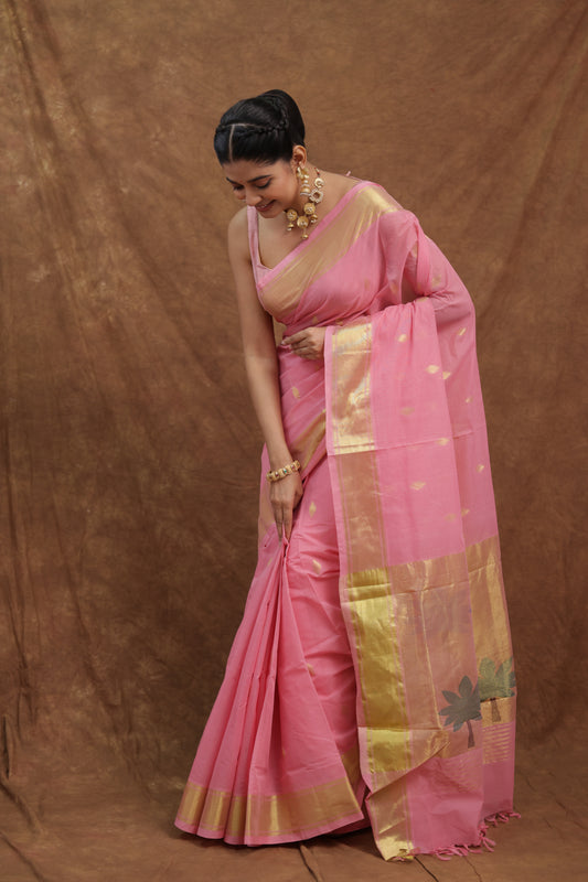 Rose Pink Kanchipuram SICO Saree with Golden Border