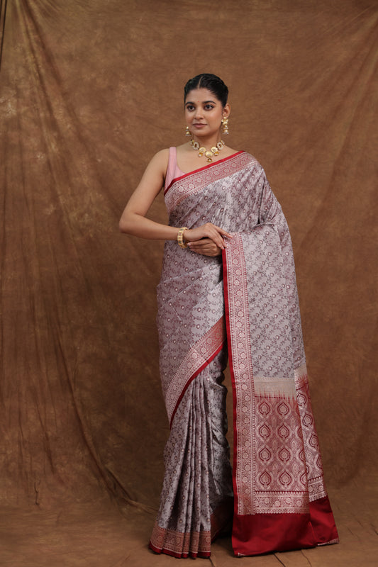 Silver Grey Banarasi Art Silk Saree with Wine Red Border
