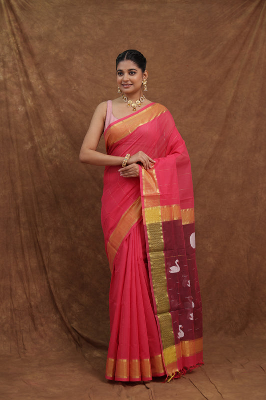 Elegant Coral Pink & Purple Traditional Handloom Saree