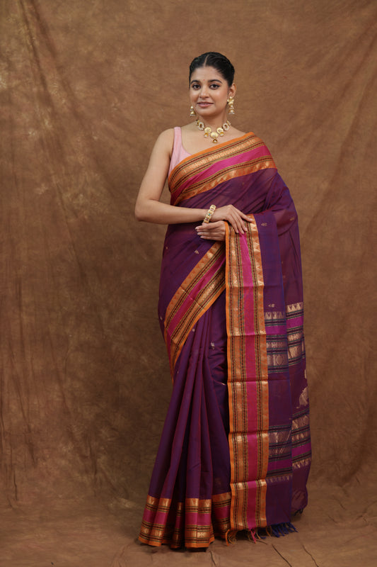 Deep Purple Kanchipuram Cotton Saree with Rust Orange Border