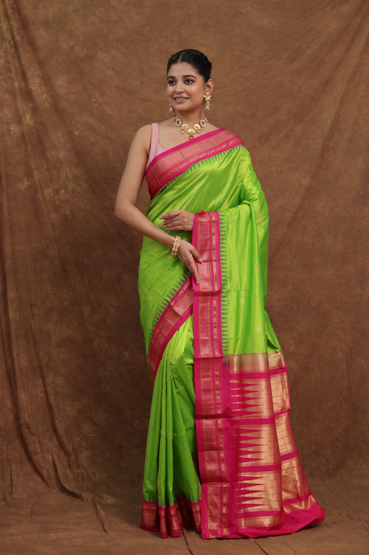Parrot Green Ilkal Silk Saree with Rani Pink Border