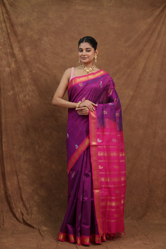 Royal Purple Kanchipuram SICO Saree with Rani Pink Pallu