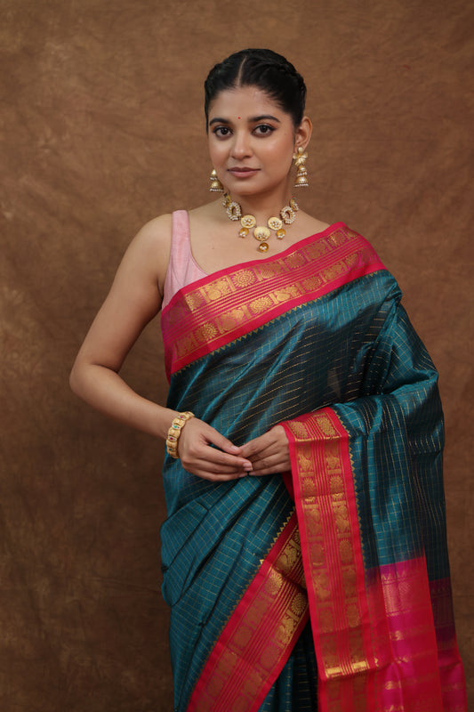 Teal Green Kanchipuram SICO Saree with Rani Pink Pallu
