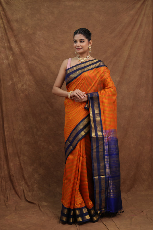 Rust Orange Kanchipuram SICO Saree with Navy Blue Border