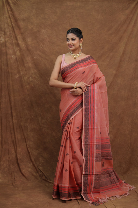 Terracotta Pink Kanchipuram Cotton Saree with Maroon Woven Border