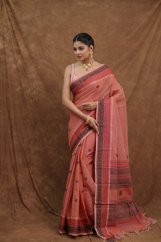 Pink terracotta Kanchipuram cotton sari with maroon woven border, traditional Indian saree by Joyee Kolkata.