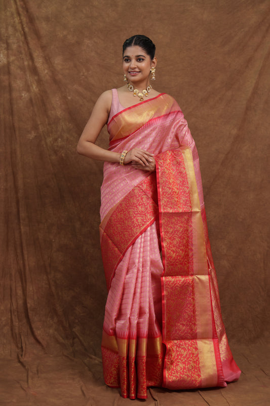 Blush Pink Kanchipuram Silk Saree with Deep Red Woven Border