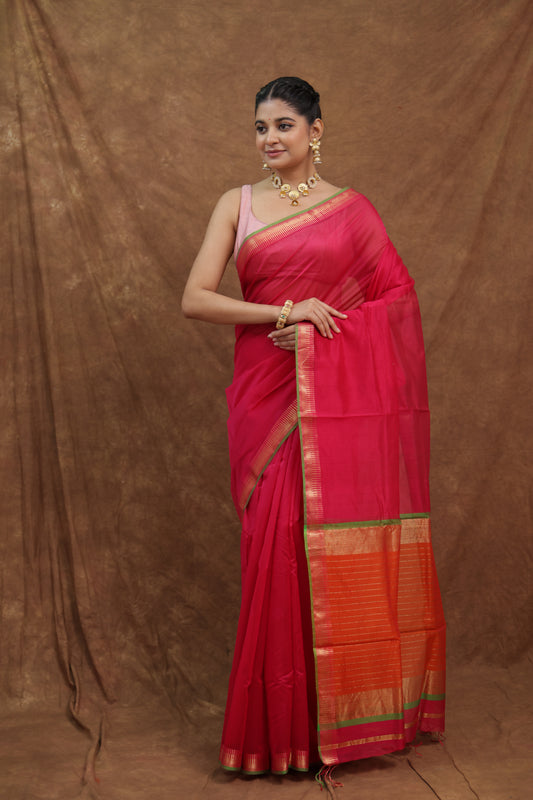 Rani Pink Maheshwari SICO Saree with Rust Orange Pallu
