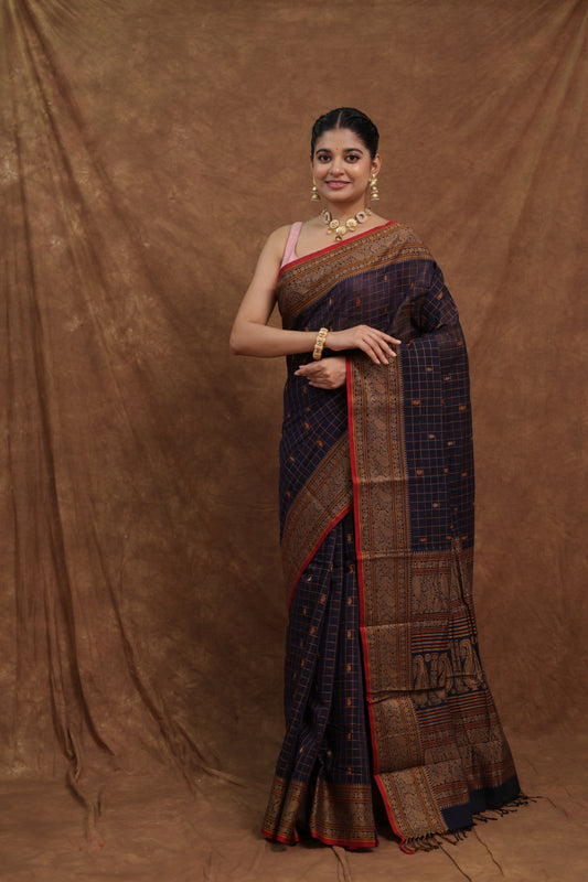 Deep Navy Kanchipuram Cotton Saree with Rust Red Woven Border