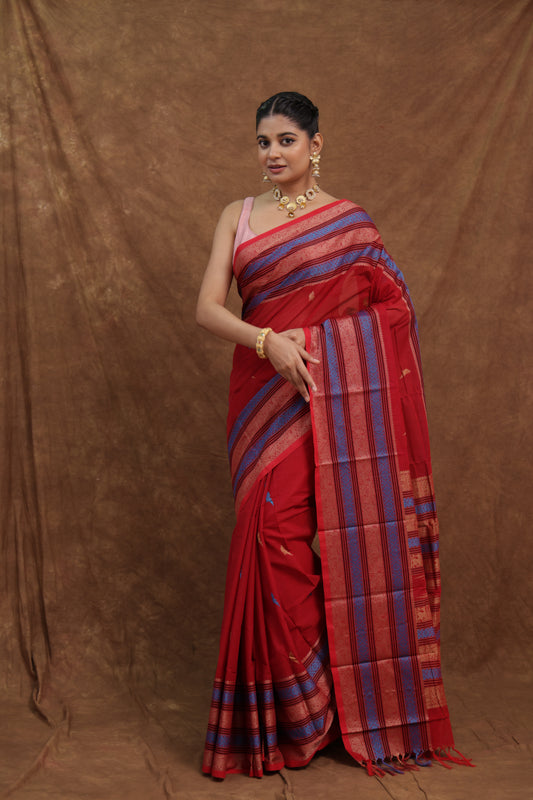 Crimson Red Kanchipuram SICO Saree with Navy Blue Striped Pallu
