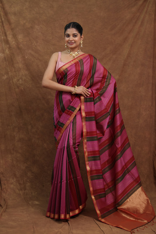 Magenta Pink Maheshwari SICO Saree with Multicolour Striped Pallu