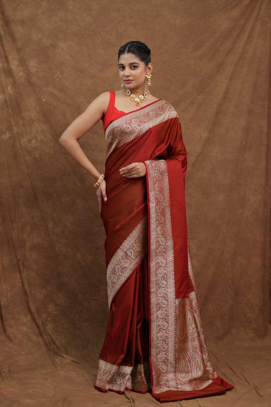 Deep Red Banarasi Art Silk Saree with Ornate Woven Border