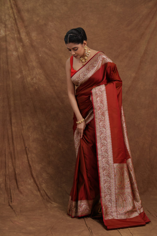 Deep Red Banarasi Art Silk Saree with Ornate Woven Border