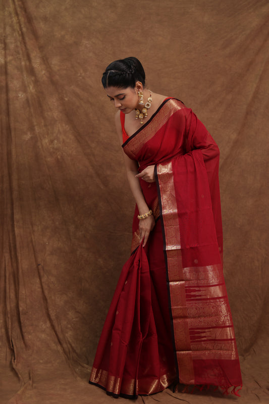 Crimson Red Kanchipuram Cotton Saree with Traditional Woven Border