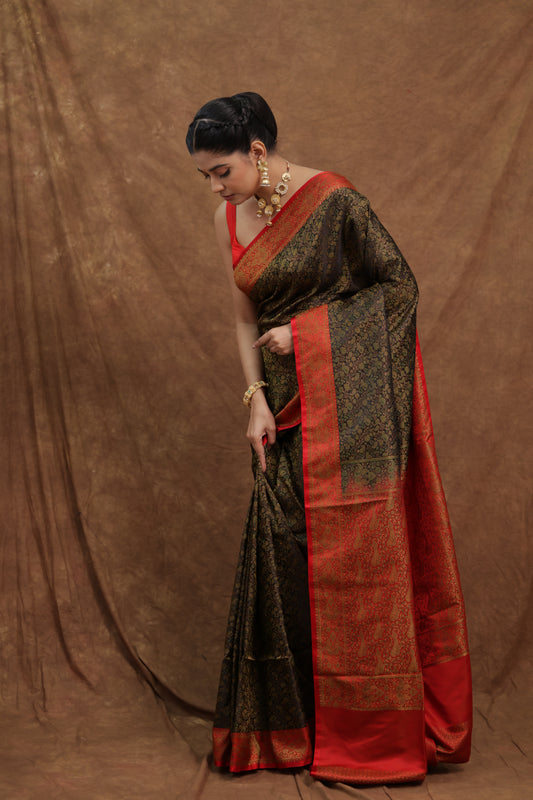 Green Banarasi Silk Saree with Rich Red Woven Border