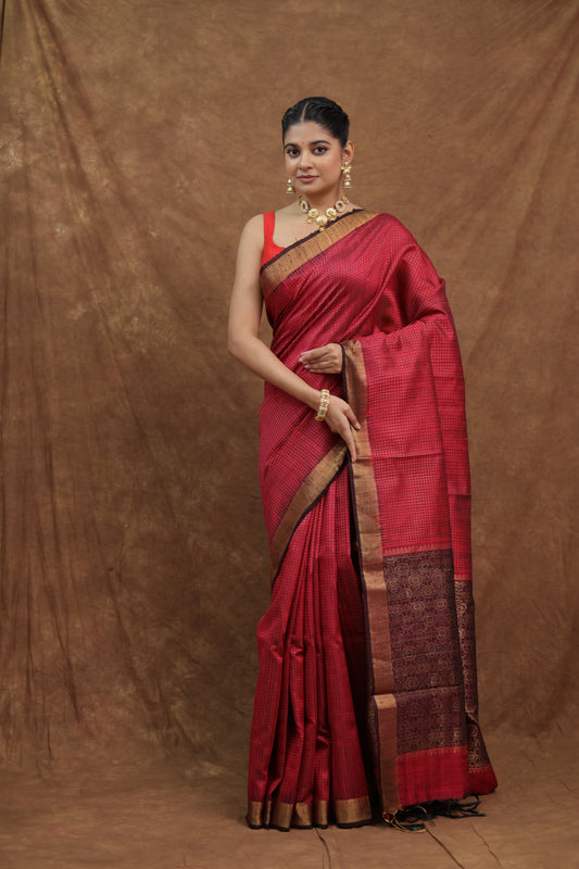 Rani Pink Dupion Silk Saree with Deep Purple Woven Border