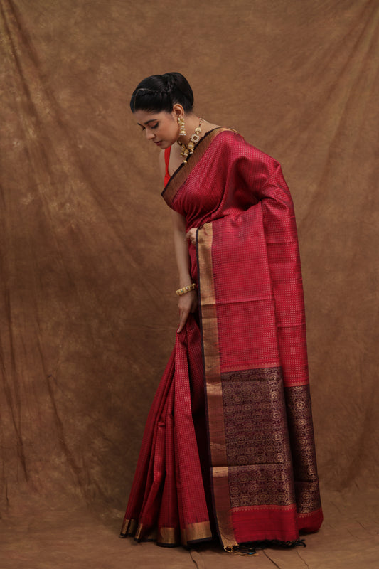 Rani Pink Dupion Silk Saree with Deep Purple Woven Border