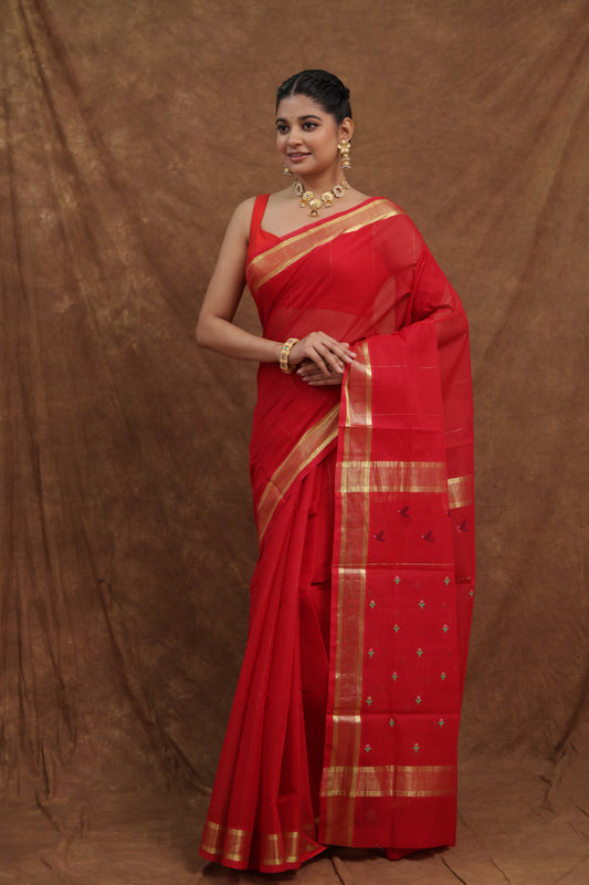 Vibrant Red Kanchipuram SICO Saree with Golden Woven Border